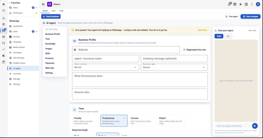 AI agent configuration with business profile, tone selection and a live test sandbox
