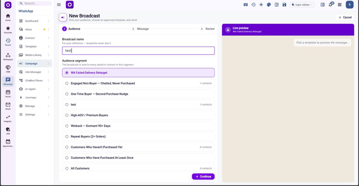 Ohanvi broadcast composer showing a message being sent to a selected customer segment