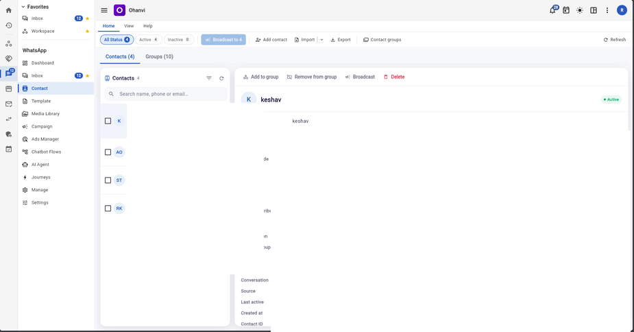 Ohanvi contacts screen showing customer records used by WhatsApp campaigns, inbox and CRM workflows
