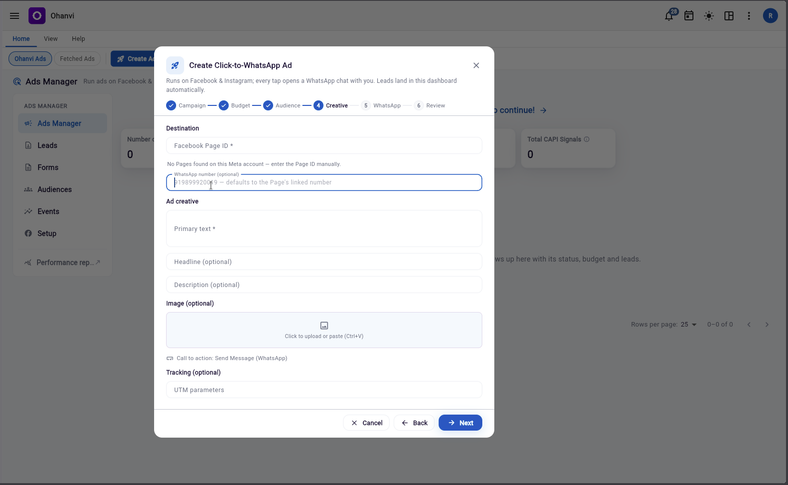 Ohanvi’s Create Click-to-WhatsApp Ad form at the creative step, where every tap on the ad opens a WhatsApp chat with the business