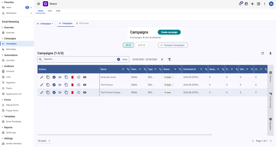 Campaigns grid listing name, channel, type, status, scheduled date, recipients and delivery counts, with per-column filters, a search field and a date range