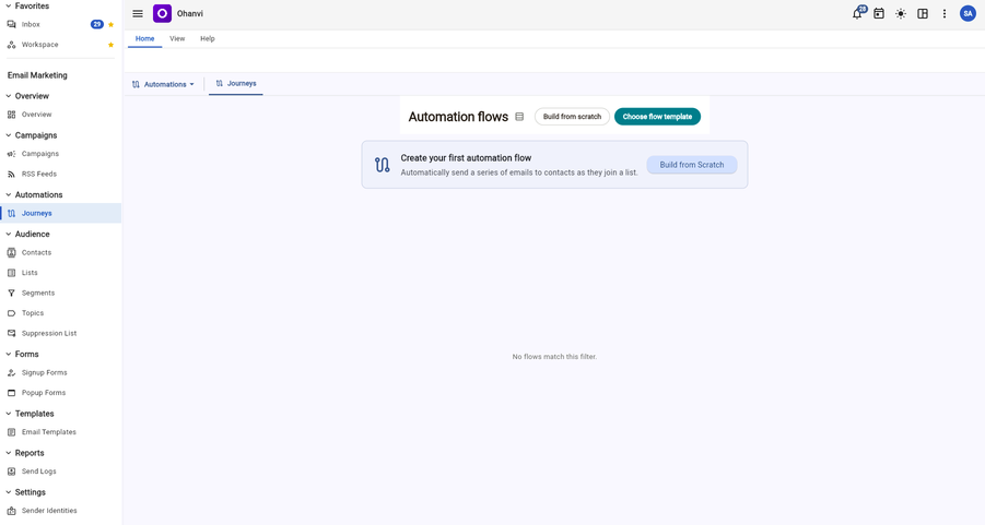 Automation flows screen offering build from scratch or choose a flow template, for automatically sending a series of emails as contacts join a list
