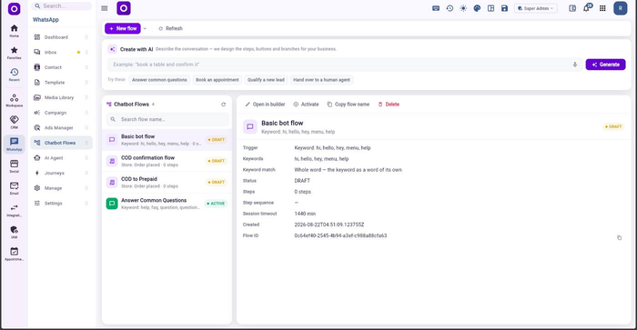 Visual chatbot flow builder with branching conversation steps