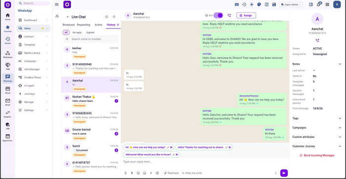 Ohanvi shared team inbox showing a live WhatsApp conversation with assignment controls and customer history