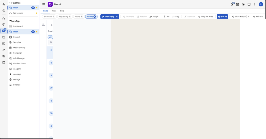 Ohanvi shared inbox with Broadcast, Requesting, Active and History queues and per-conversation Assign, Flag and Resolve controls