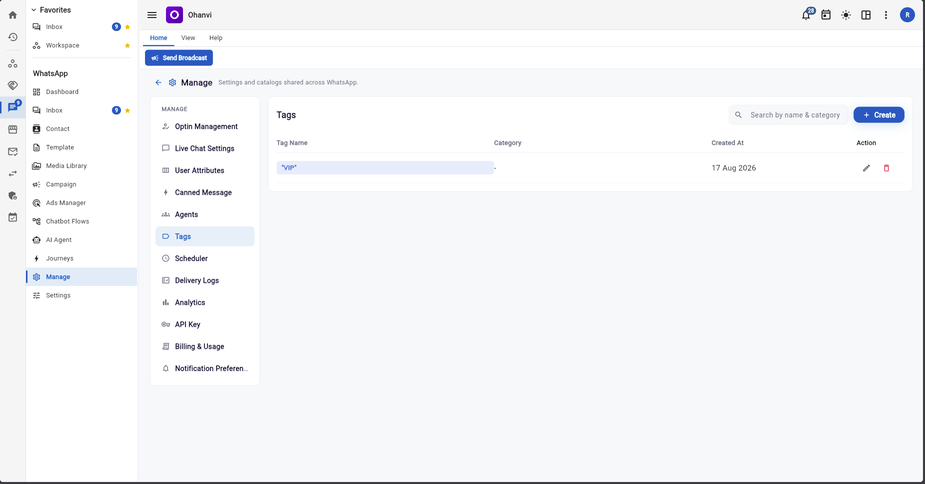 Ohanvi’s Manage settings area, with Billing & Usage listed among the settings in the sidebar