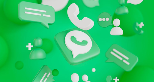 Floating 3D WhatsApp message bubbles, call icons and contact avatars on a green background