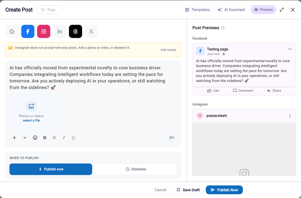 Create Post composer with channels selected, a written post and live Facebook and Instagram previews