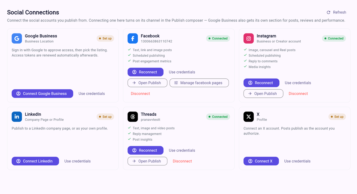Social connections grid with Instagram, Facebook, Threads connected and Google Business, LinkedIn and X ready to set up
