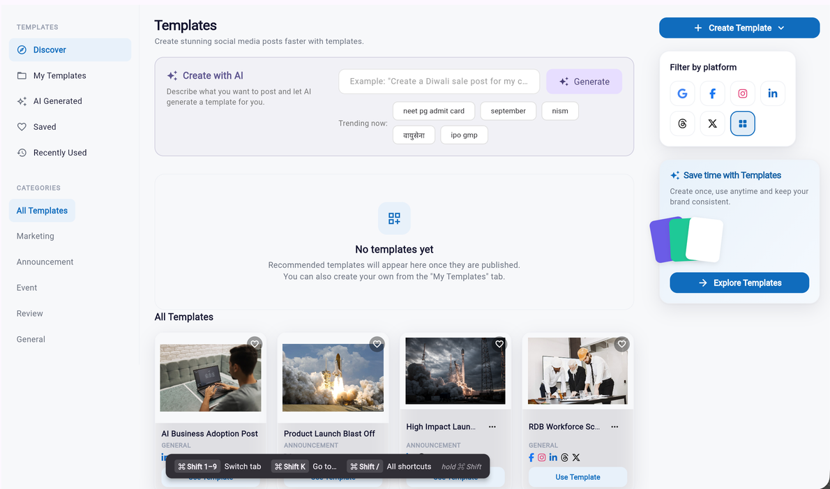 Template library with AI generation, platform filters and saved template cards